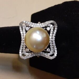 925 11.5 mm about, Golden South Sea Pearl & Genuine White Topaz Framed H…